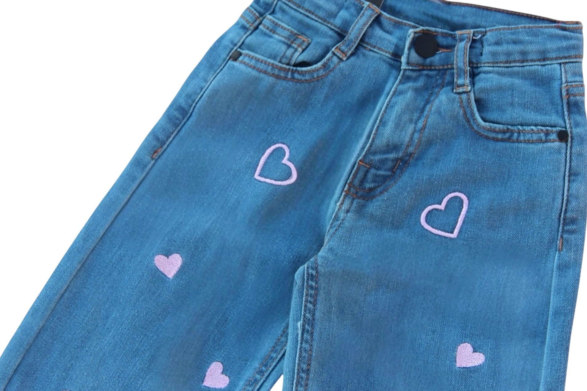 GIRL DENIM PINK HEARTS EMBROIDERED PANTS