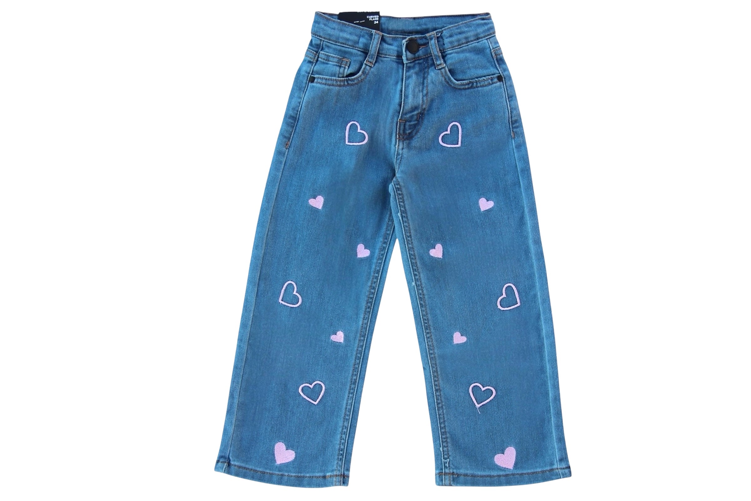 GIRL DENIM PINK HEARTS EMBROIDERED PANTS